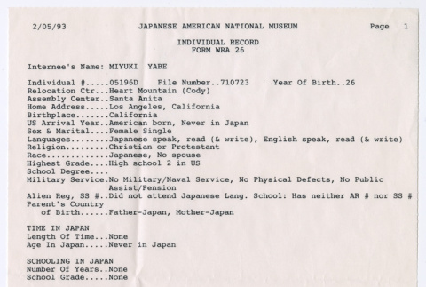 War Relocation Authority Individual Record (ddr-ohs-1-75)