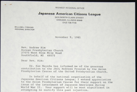 Letter to Andrew Kim of the Korean Presbyterian Church from William Yoshino (ddr-chijacl-1-527)