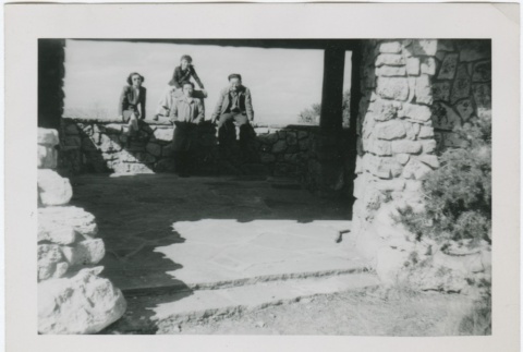 Larry and Guyo Tajiri with friends at a rock shelter (ddr-densho-338-316)
