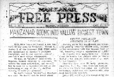Manzanar Free Press Vol. I No. 1 (April 11, 1942) (ddr-densho-125-391)