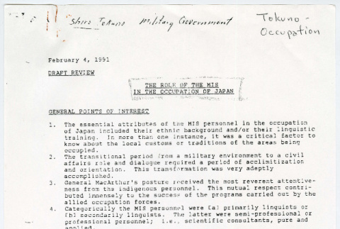 Shiro Tokuno notes on the role of MIS in the occupation of Japan (ddr-densho-1007-1109)