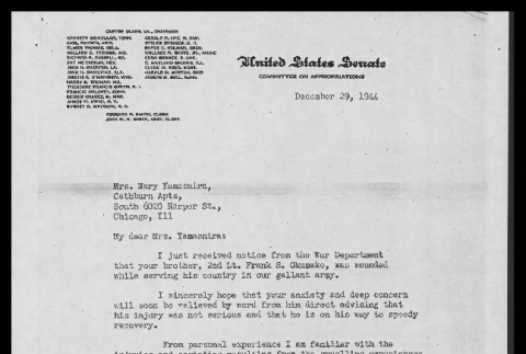 Letter from C. Wayland Brooks, United States Senator, to Mary Yamasnira re: acknowledgement that Frank S. Okusako was wounded in action, December 29, 1944 (ddr-csujad-55-241)