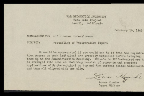 Memo from Lorne Huycke, Leave Officer, to all teacher interviewers, February 16, 1943 (ddr-csujad-55-194)