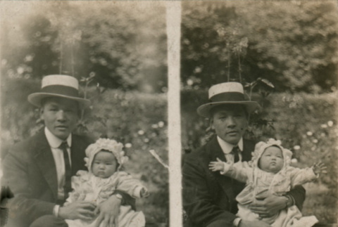 Four pictures of young man holding baby girl (ddr-densho-348-57)