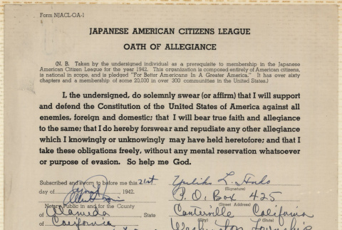 JACL Oath of Allegiance for Yuliko Ando (ddr-ajah-7-43)