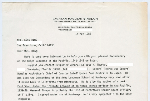 Letter from Lachlan Sinclair to Loni Ding (ddr-densho-1007-1113)