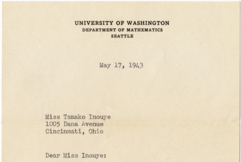 Letter to Tamako Inouye from A.F. Carpenter, Department of Mathematics, University of Washington (ddr-densho-383-534)