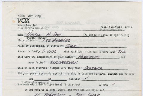 Victor H. Abe interviewee form (ddr-densho-1007-1122)