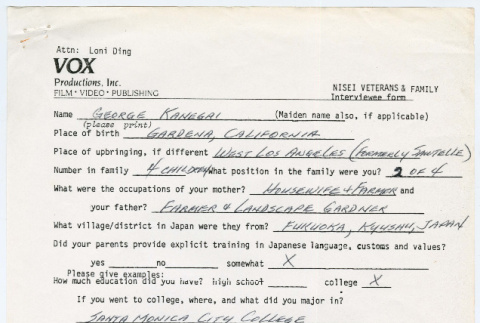 George Kanegai interview form (ddr-densho-1007-914)