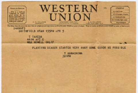 Telegram from T Kawashima to T. Takeda (ddr-densho-501-272)