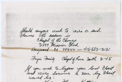 Note on ordering flowers for the funeral (ddr-densho-578-30)