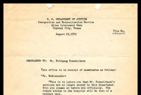 Memo from E.D. McAlexander, Acting Chief Liaison Officer, Crystal City incarceration camp, August 23, 1943 (ddr-csujad-55-1397)
