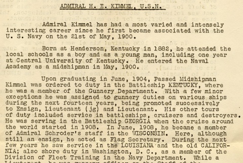 Biographical sketch about Husband E. Kimmel (ddr-njpa-1-792)