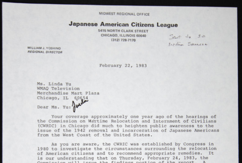 Letter to Linda Yu of WMAQ Television from William Yoshino (ddr-chijacl-1-767)