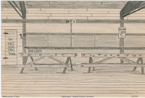 Drawing of the inside of a classroom at Tanforan Assembly Center (ddr-densho-392-22)
