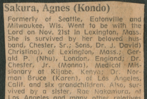 Agnes Sakura obituary clipping from Seattle Times (ddr-densho-523-674)