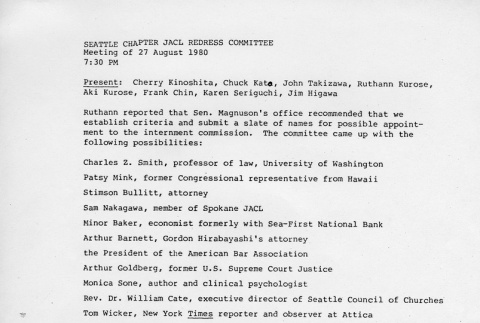 Meeting minutes of the Seattle Chapter JACL Redress Committee (ddr-densho-274-146)