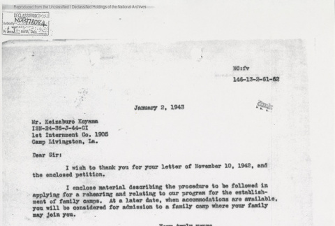Letter with instructions on applying for family reunification from the Alien Enemy Control Unit (ddr-one-5-182)
