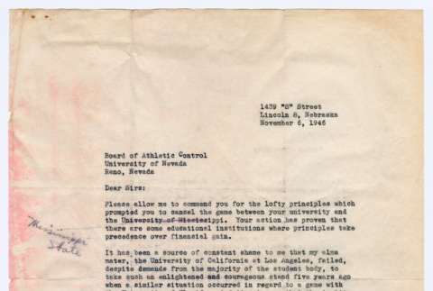 Letter from Joseph Ishikawa to Board of Athletic Control at University of Nevada (ddr-densho-468-132)