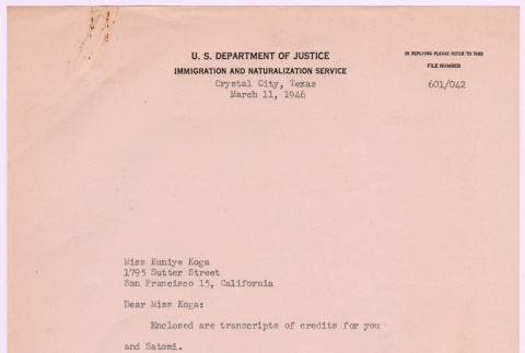 Letter from J. L. O'Rourke to Kuniye Koga (ddr-densho-537-2)