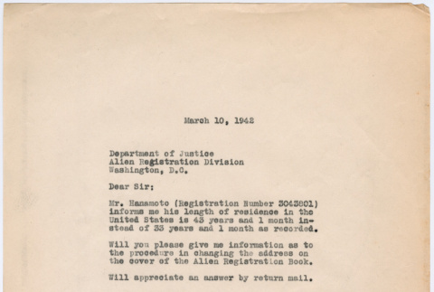Letter from Harry Konda to Department of Justice Alien Registration Division (ddr-densho-491-11)