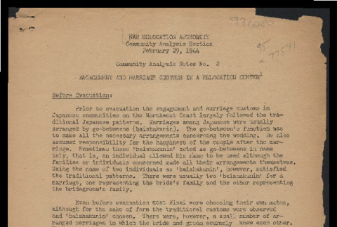 Community analysis note, no. 2 (February 29, 1944): Engagement and marriage customs in a relocation center (ddr-csujad-55-334)