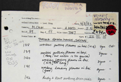 Rudy Tokiwa camera notes for Nisei Soldier (ddr-densho-1007-1389)