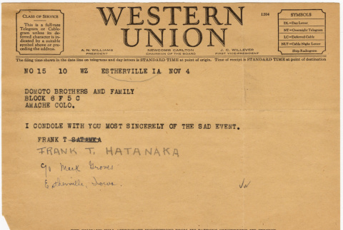 Western Union Telegram to Domoto Family from Frank T. Hatanaka (ddr-densho-329-658)
