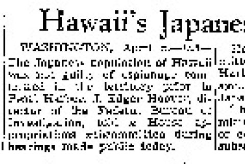 Hawaii's Japanese Loyal, Says F.B.I. Chief (April 5, 1943) (ddr-densho-56-893)