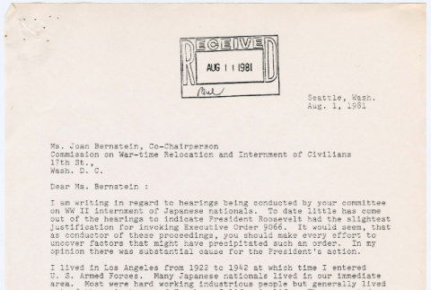 Letter to Joan Bernstein from W.G. Kubick (ddr-densho-122-289)
