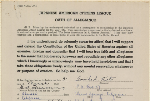 JACL Oath of Allegiance for Tomiko Kato (ddr-ajah-7-73)