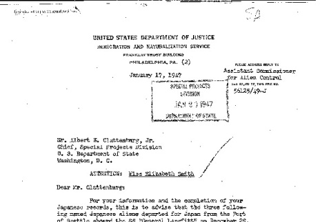 Letter from N.D. Collaer, Assistant Commissioner for Alien Control to Albert Clattenburg, Special Project Division, Department of State (ddr-densho-564-12)