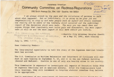 Form letter sent to Japanese American community members from Gordon Hirabayashi and Cherry Kinoshita of the Community Committee on Redress/Reparations (ddr-densho-383-498)