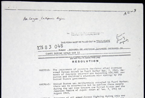 American Legion, Department of California, Resolution (ddr-chijacl-1-94)