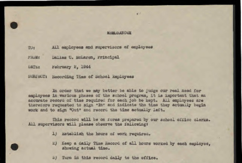 Memo from Dallas C. McLaren, Principal, Poston II School, to all employees and supervisors of employees, February 2, 1944 (ddr-csujad-55-1808)