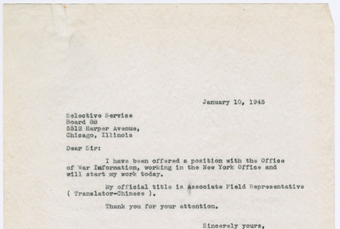 Letter from Ai Chih Tsai to Selective Service Board 88 (ddr-densho-446-149)