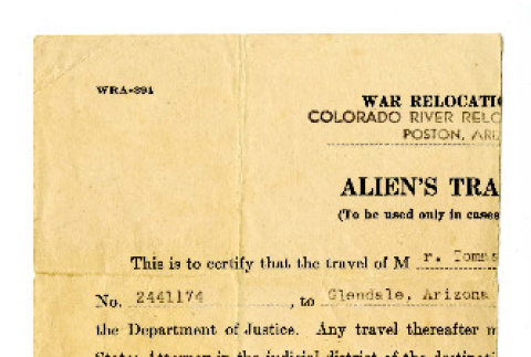 Alien's travel permit (to be used only in cases of terminal departure), WRA-394 (ddr-csujad-38-546)