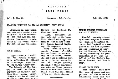Manzanar Free Press Vol. I No. 36 (July 20, 1942) (ddr-densho-125-36)