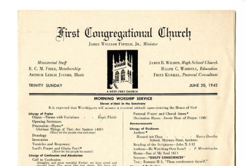 Bulletin of the First Congregational Church, 1943 June 20 (ddr-csujad-20-26)