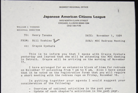 Memo to Henry Tanaka from Bill Yoshino (ddr-chijacl-1-697)