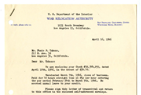 Letter from War Relocation Authority, U.S. Department of the Interior, to Mr. Fumio Fred Takano, April 16, 1946 (ddr-csujad-42-131)