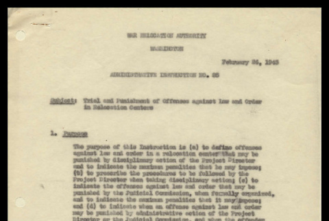 Administrative instruction (United States. War Relocation Authority), no. 85 (Februrary 26, 1943) (ddr-csujad-55-741)