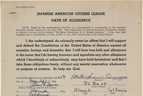JACL Oath of Allegiance for Walter Inami Tamura (ddr-ajah-7-130)