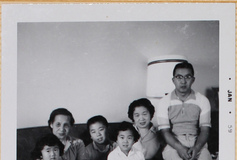 Hardy, Yoshiko, William, Susan and Leslie Shiomi with unidentified woman (ddr-densho-522-501)
