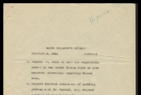 Minutes from the Heart Mountain Block Chairmen meeting, February 6, 1943 (ddr-csujad-55-415)