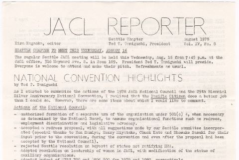 Seattle Chapter, JACL Reporter, Vol. XV, No. 8, August 1978 (ddr-sjacl-1-215)