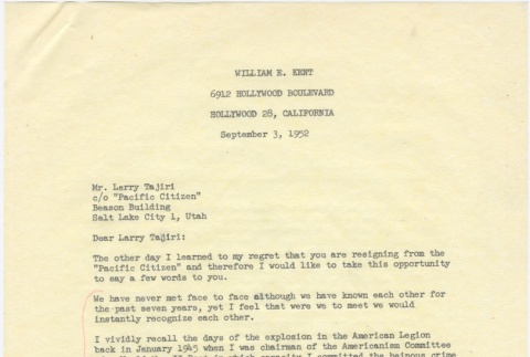 Thank you letter to Guyo and Larry Tajiri from William E. Kent (ddr-densho-338-421)