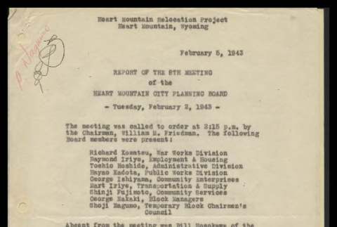 Report of the 8th meeting of the Heart Mountain City Planning Board, February 2, 1943 (ddr-csujad-55-414)