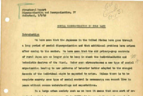 Structural report, disorganization and reorganization, IV: social reorganization in Tule Lake (ddr-csujad-26-21)