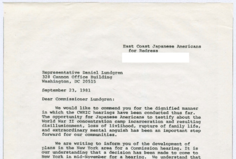 Carbon copy of page 1 of letter to Rep. Daniel Lucdgren from Sasha Hohri and Michi Kobi (ddr-densho-352-500)